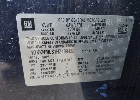 2017 GMC Acadia Slt-1 z USA, uszkodzony, nr VIN 1GKKNMLS1HZ189428